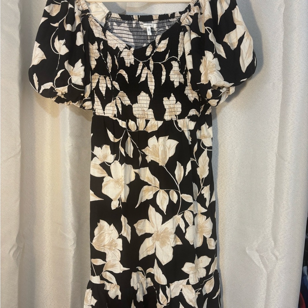Maurices Black Midi Dress with Cream Floral Pattern and Puff Sleeves